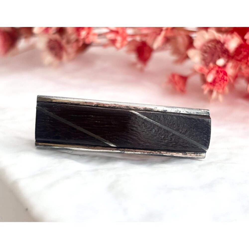 Taxco, Mexico Sterling Silver Dark Wood Short Vintage Men's Tie Bar | Tie Clip